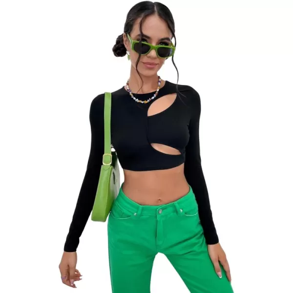 WDIRARA Women's Cut Out Long Sleeve Round Neck Crop Top Slim T Shirt