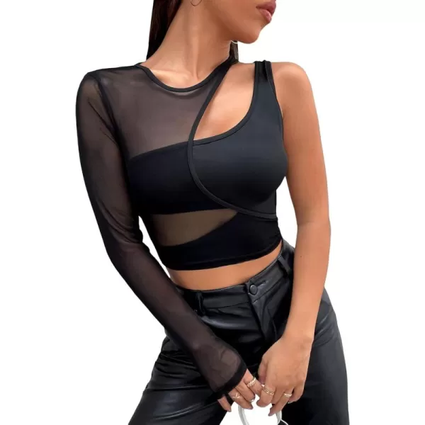 WDIRARA Women's Cut Out Long Sleeve Round Neck Crop Top Slim T Shirt