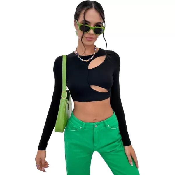 WDIRARA Women's Cut Out Long Sleeve Round Neck Crop Top Slim T Shirt