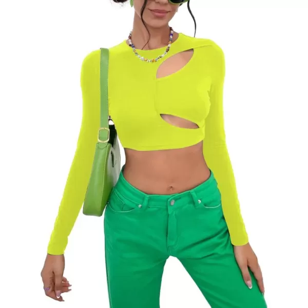 WDIRARA Women's Cut Out Long Sleeve Round Neck Crop Top Slim T Shirt