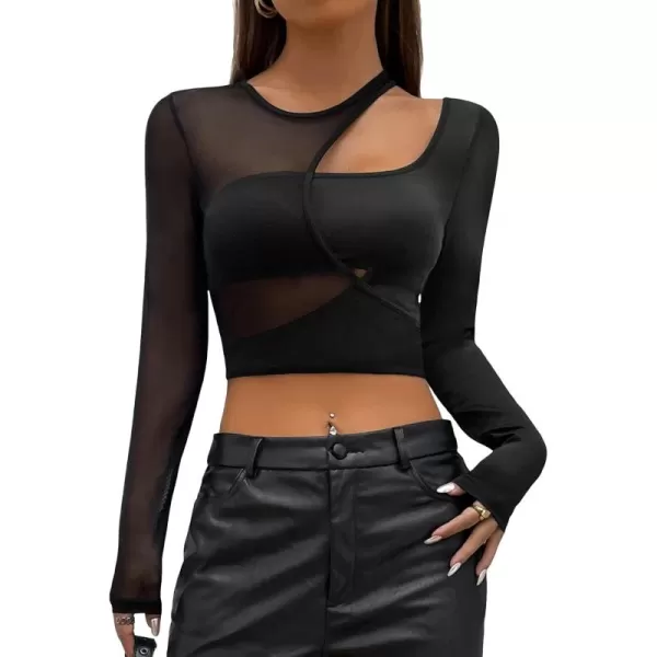 WDIRARA Women's Cut Out Long Sleeve Round Neck Crop Top Slim T Shirt