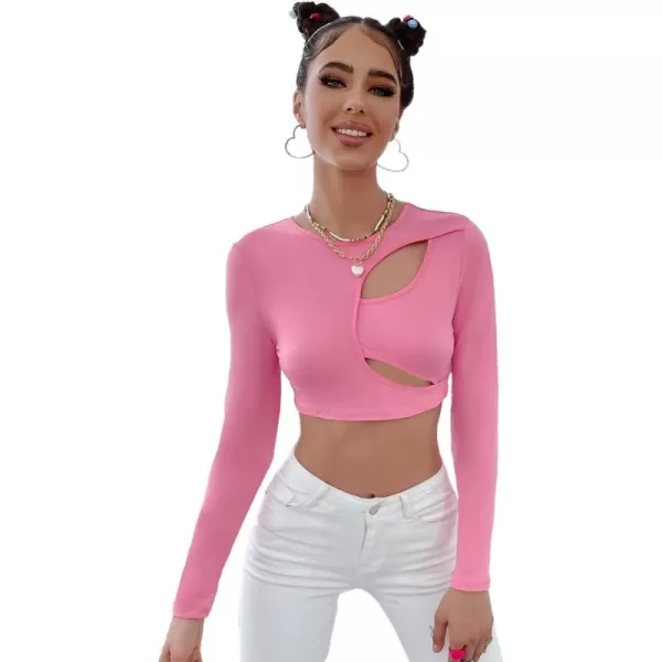 WDIRARA Women's Cut Out Long Sleeve Round Neck Crop Top Slim T Shirt