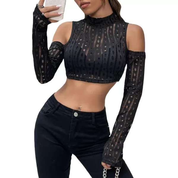 WDIRARA Women's Cut Out Long Sleeve Round Neck Crop Top Slim T Shirt