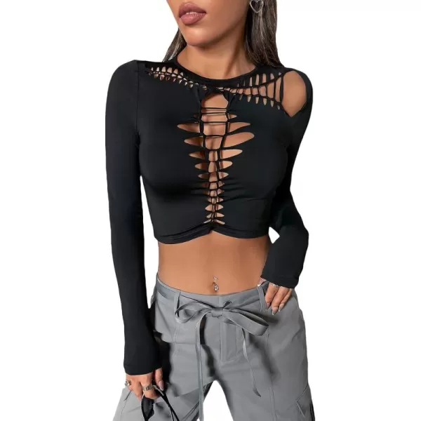 WDIRARA Women's Cut Out Long Sleeve Round Neck Crop Top Slim T Shirt