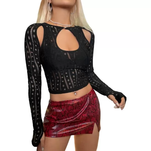 WDIRARA Women's Cut Out Long Sleeve Round Neck Crop Top Slim T Shirt