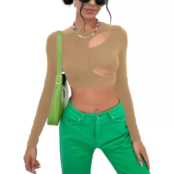 WDIRARA Women's Cut Out Long Sleeve Round Neck Crop Top Slim T Shirt