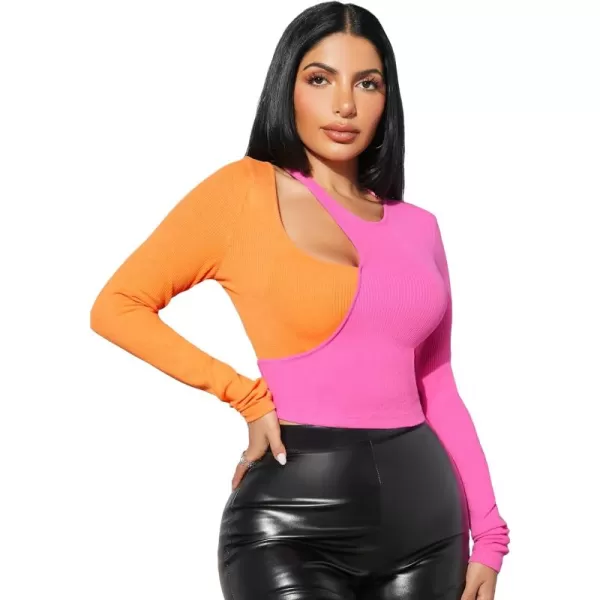 WDIRARA Women's Cut Out Long Sleeve Round Neck Crop Top Slim T Shirt