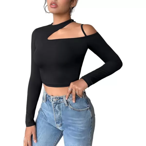 WDIRARA Women's Cut Out Long Sleeve Round Neck Crop Top Slim T Shirt