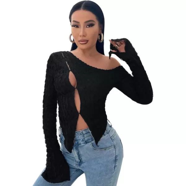 WDIRARA Women's Cut Out One Shoulder Long Sleeve Tee Asymmetrical Tops T Shirt