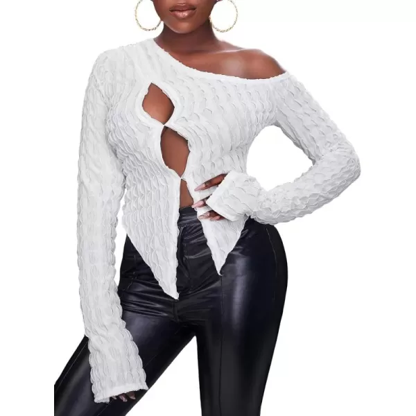 WDIRARA Women's Cut Out One Shoulder Long Sleeve Tee Asymmetrical Tops T Shirt