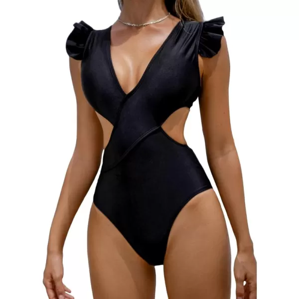 WDIRARA Women's Cut Out Tie Backless Deep V Neck Ruffled Sexy One Piece Swimsuit