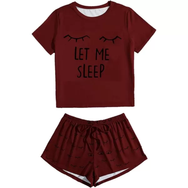 WDIRARA Women's Cute Cartoon Print Closed Eyes Print Tee and Shorts Pajama Set
