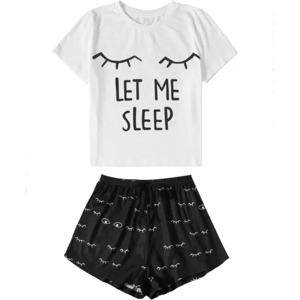 WDIRARA Women's Cute Cartoon Print Closed Eyes Print Tee and Shorts Pajama Set
