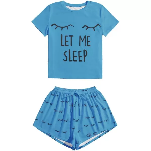 WDIRARA Women's Cute Cartoon Print Closed Eyes Print Tee and Shorts Pajama Set