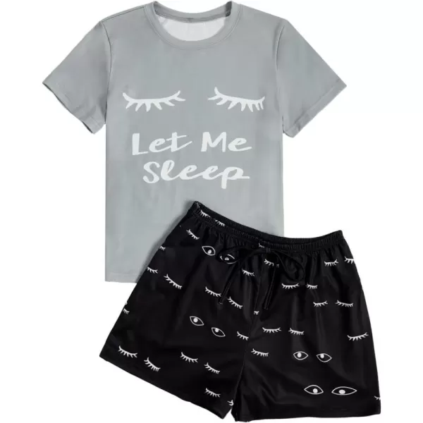 WDIRARA Women's Cute Cartoon Print Closed Eyes Print Tee and Shorts Pajama Set