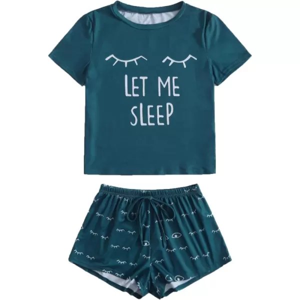 WDIRARA Women's Cute Cartoon Print Closed Eyes Print Tee and Shorts Pajama Set