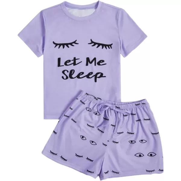 WDIRARA Women's Cute Cartoon Print Closed Eyes Print Tee and Shorts Pajama Set