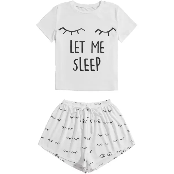 WDIRARA Women's Cute Cartoon Print Closed Eyes Print Tee and Shorts Pajama Set
