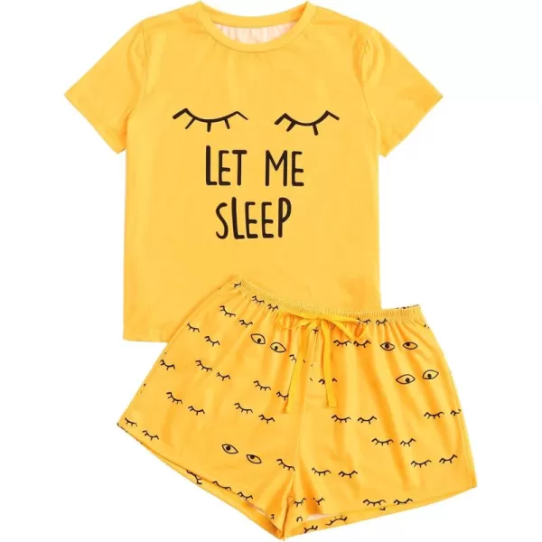 WDIRARA Women's Cute Cartoon Print Closed Eyes Print Tee and Shorts Pajama Set