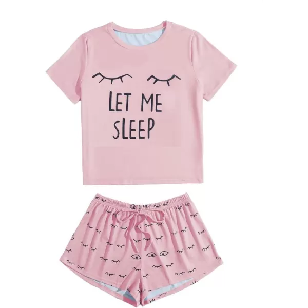 WDIRARA Women's Cute Cartoon Print Closed Eyes Print Tee and Shorts Pajama Set