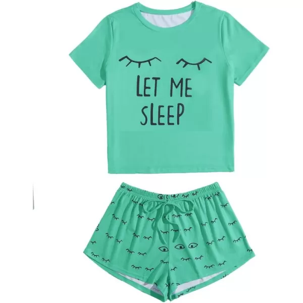 WDIRARA Women's Cute Cartoon Print Closed Eyes Print Tee and Shorts Pajama Set
