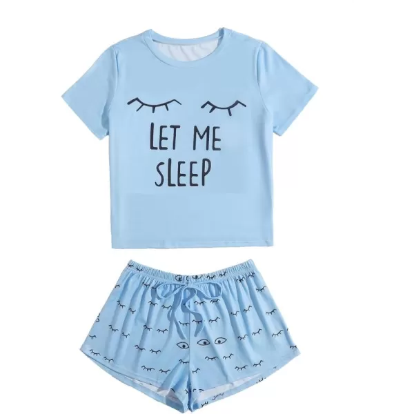 WDIRARA Women's Cute Cartoon Print Closed Eyes Print Tee and Shorts Pajama Set