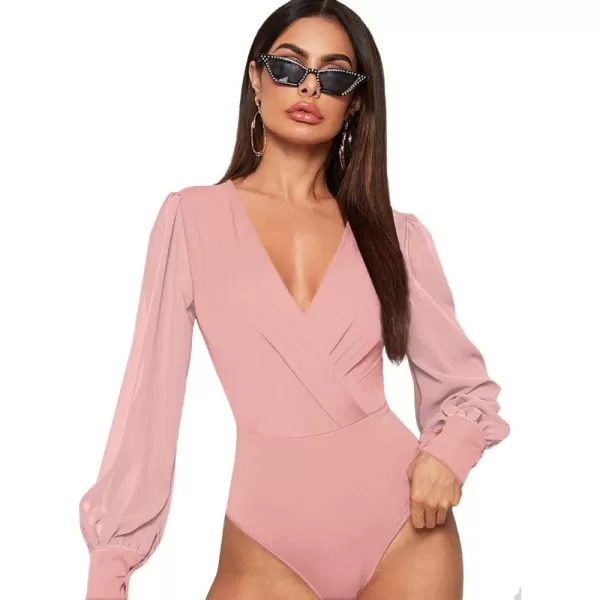 WDIRARA Women's Deep V Neck Long Sleeve Solid Wrap Surplice Bodysuit