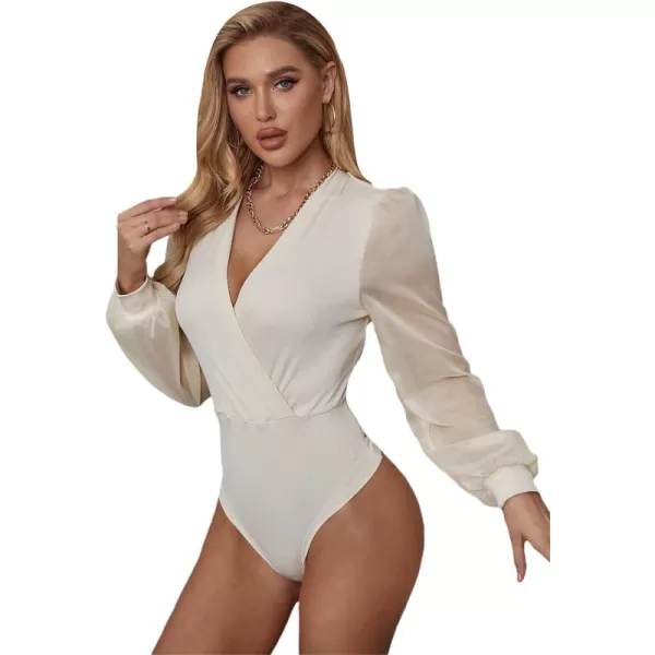 WDIRARA Women's Deep V Neck Long Sleeve Solid Wrap Surplice Bodysuit