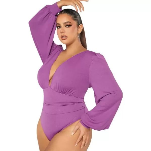 WDIRARA Women's Deep V Neck Long Sleeve Solid Wrap Surplice Bodysuit