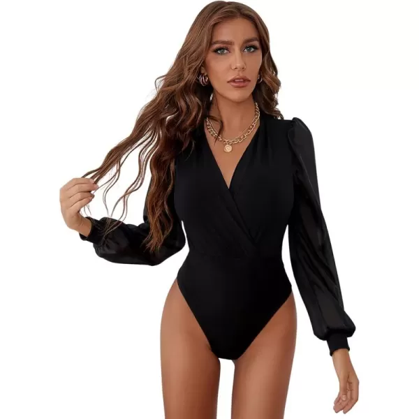 WDIRARA Women's Deep V Neck Long Sleeve Solid Wrap Surplice Bodysuit