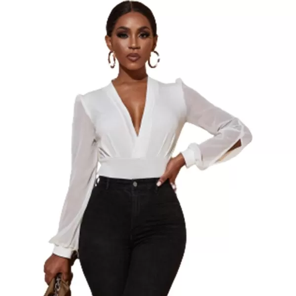 WDIRARA Women's Deep V Neck Long Sleeve Solid Wrap Surplice Bodysuit