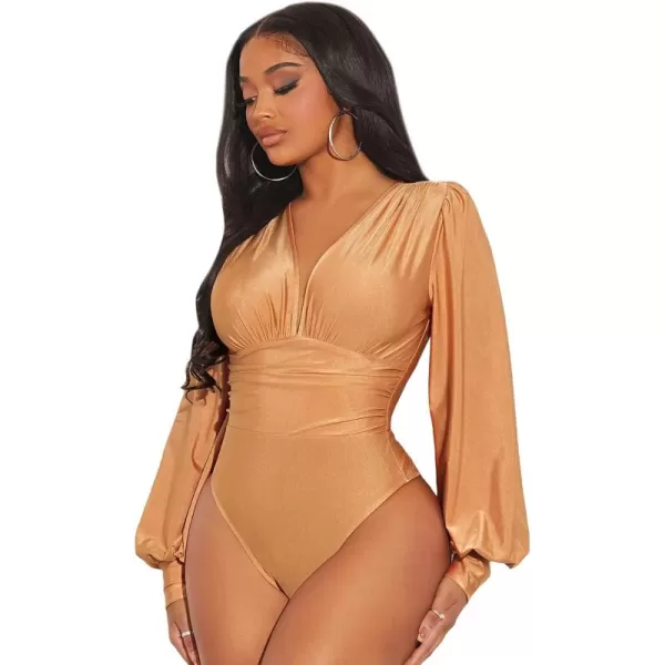 WDIRARA Women's Deep V Neck Long Sleeve Solid Wrap Surplice Bodysuit
