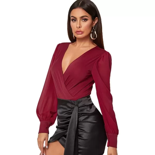 WDIRARA Women's Deep V Neck Long Sleeve Solid Wrap Surplice Bodysuit