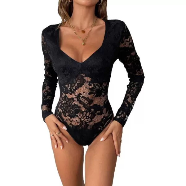 WDIRARA Women's Deep V Neck Sheer Lace Long Sleeve Scallop Trim Fitted Top Bodysuit