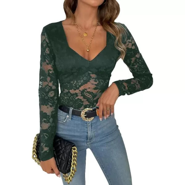 WDIRARA Women's Deep V Neck Sheer Lace Long Sleeve Scallop Trim Fitted Top Bodysuit