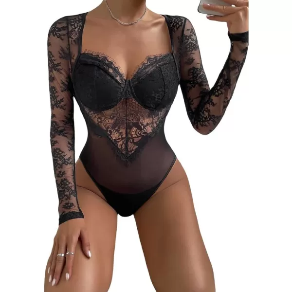 WDIRARA Women's Deep V Neck Sheer Lace Long Sleeve Scallop Trim Fitted Top Bodysuit