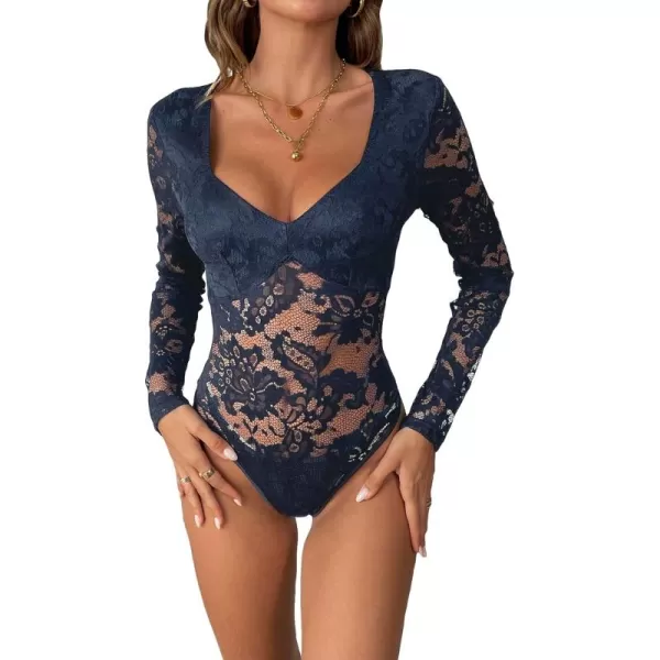WDIRARA Women's Deep V Neck Sheer Lace Long Sleeve Scallop Trim Fitted Top Bodysuit