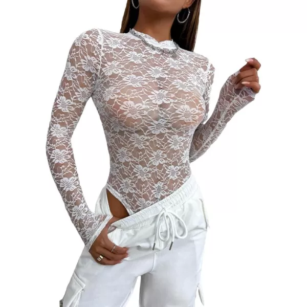 WDIRARA Women's Deep V Neck Sheer Lace Long Sleeve Scallop Trim Fitted Top Bodysuit