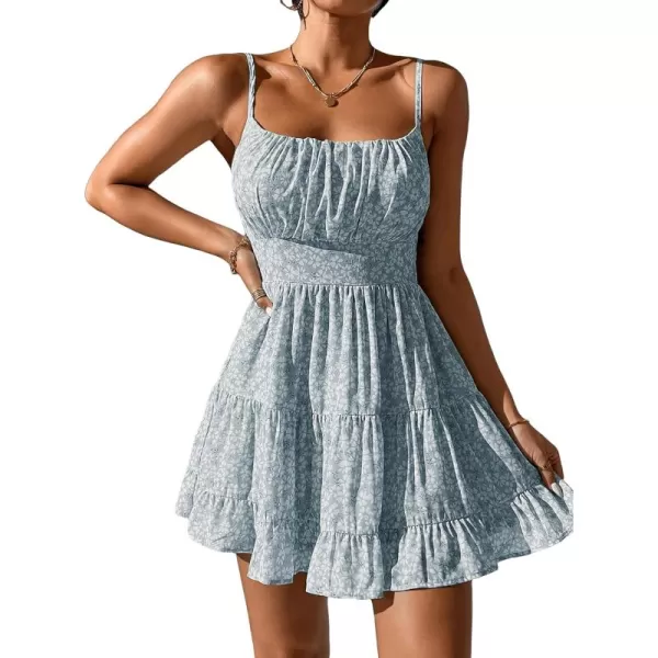 WDIRARA Women's Ditsy Floral Print Tie Shoulder Sleeveless Ruched Bust Drawstring Flared Hem Cami Mini Dress