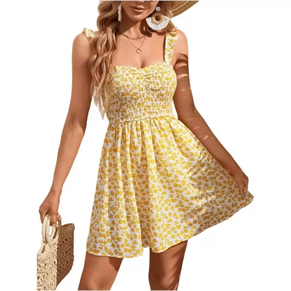 WDIRARA Women's Ditsy Floral Print Tie Shoulder Sleeveless Ruched Bust Drawstring Flared Hem Cami Mini Dress