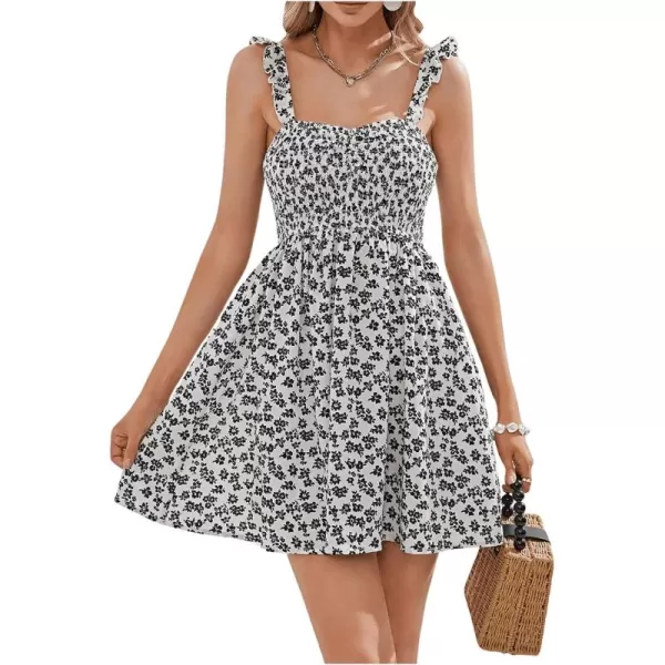 WDIRARA Women's Ditsy Floral Print Tie Shoulder Sleeveless Ruched Bust Drawstring Flared Hem Cami Mini Dress