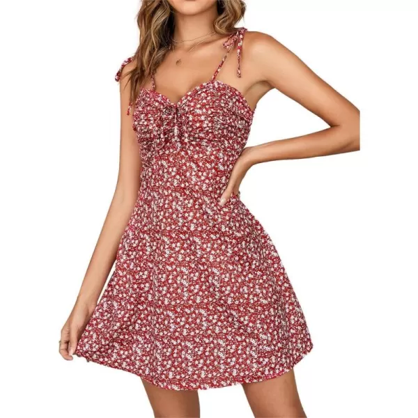 WDIRARA Women's Ditsy Floral Print Tie Shoulder Sleeveless Ruched Bust Drawstring Flared Hem Cami Mini Dress