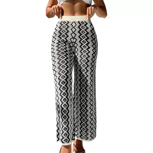 WDIRARA Women's Elastic Waist Boho Print Beach Cover Up Pants Crochet Knitted Swimwear