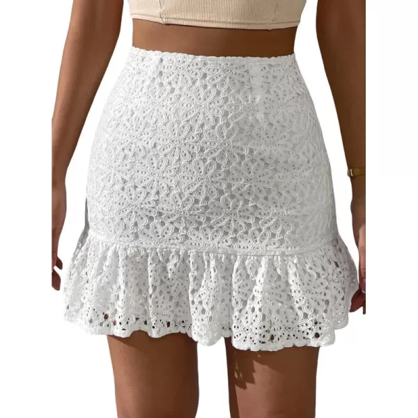 WDIRARA Women's Elegant Lace Mini Skirt High Waisted Ruffle Hem Bodycon Skirts