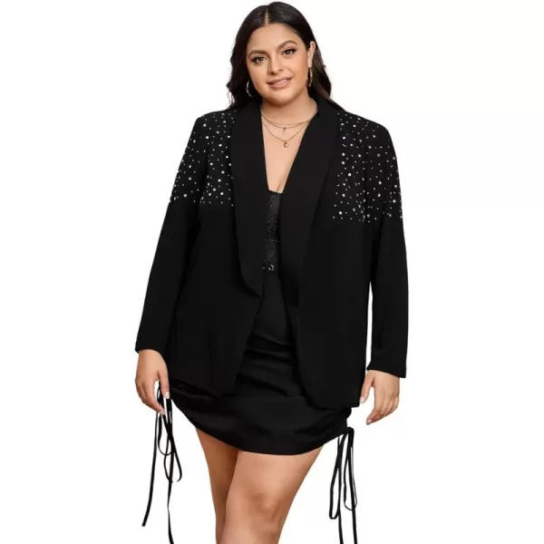 WDIRARA Women's Elegant Long Sleeve Blazer Open Front Rhinestone Suit Jackets