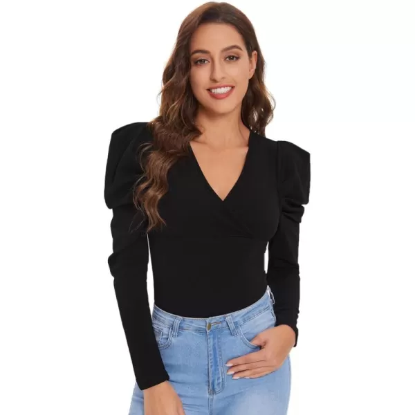 WDIRARA Women's Elegant V Neck Puff Long Sleeve Houndstooth Wrap Blouse Top
