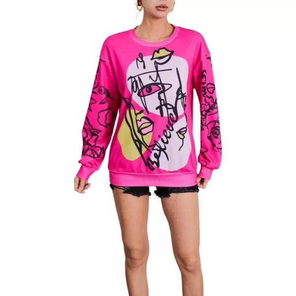 WDIRARA Women's Figure Graphic Print Sweatshirt Round Neck Long Sleeve Contrast Color Graffiti Pullovers