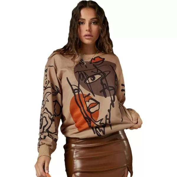 WDIRARA Women's Figure Graphic Print Sweatshirt Round Neck Long Sleeve Contrast Color Graffiti Pullovers