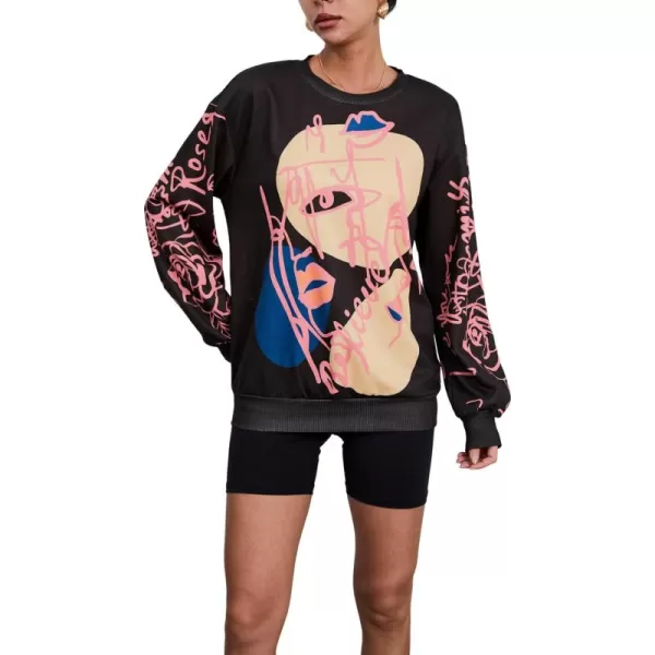 WDIRARA Women's Figure Graphic Print Sweatshirt Round Neck Long Sleeve Contrast Color Graffiti Pullovers