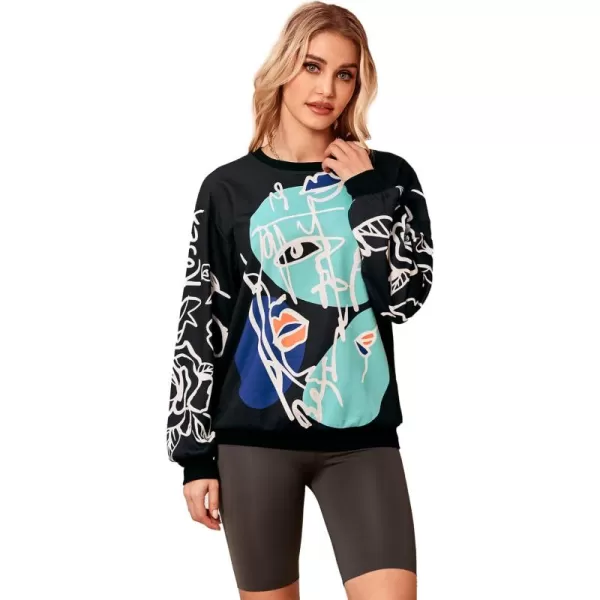 WDIRARA Women's Figure Graphic Print Sweatshirt Round Neck Long Sleeve Contrast Color Graffiti Pullovers